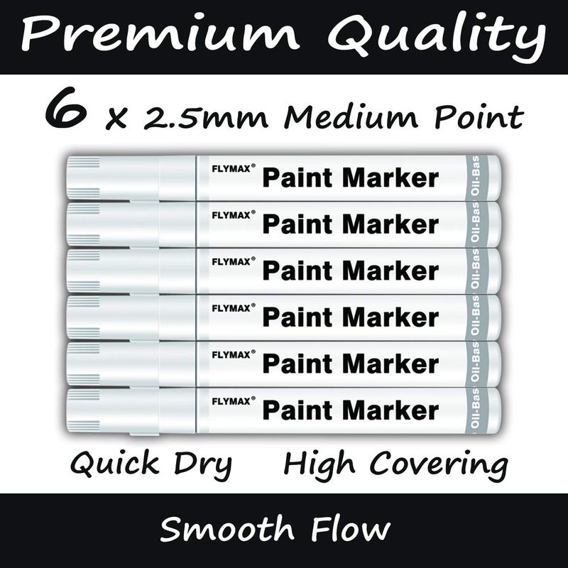 FLYMAX White Paint Pens, 6 Pack 2.5mm Medium Tip White Paint Marker Permanent for Wood Rock Plastic Leather Glass Stone Metal Canvas Ceramic Fabric Tire Paint Marker Oil Based - Image 2